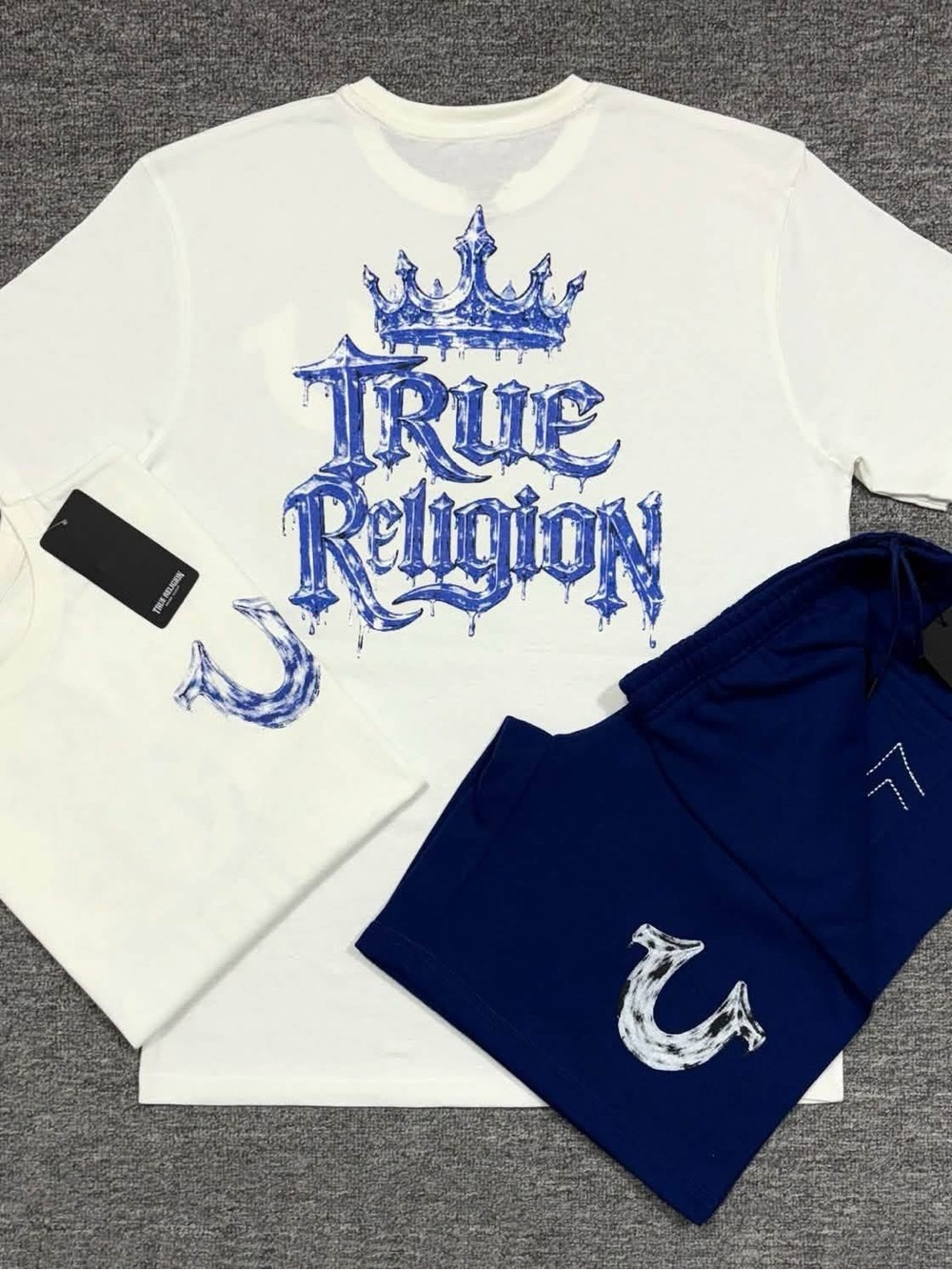 New! True Religion adult White short Sleeve Tee with Blue Graphic & Shorts